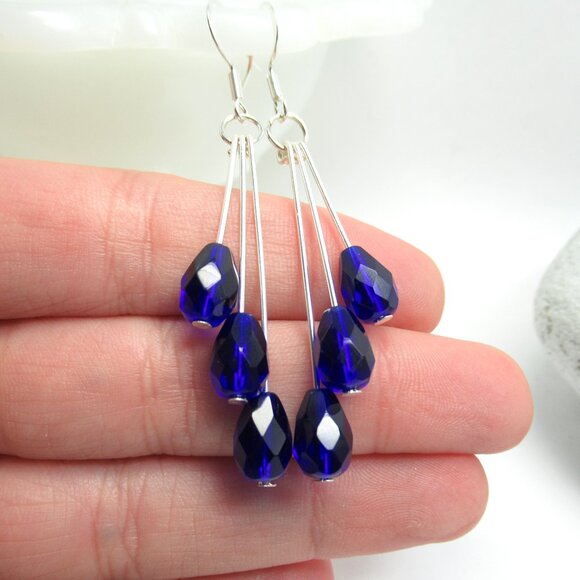 Colbalt blue triple dangle Czech bead earrings - Picture 4 of 9